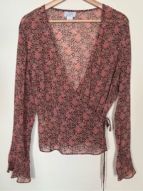 LOFT • L • 100% Silk Brown & Pink Paisley Print Long Sleeve Wrap Blouse